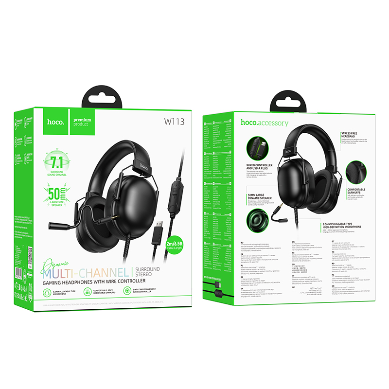 Наушники накладные с микрофоном Hoco W113 (USB, 7.1), игровые, цвет черный