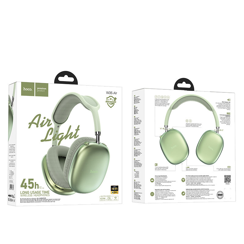 Наушники Bluetooth накладные с микрофоном Hoco W35 Air, цвет зеленый