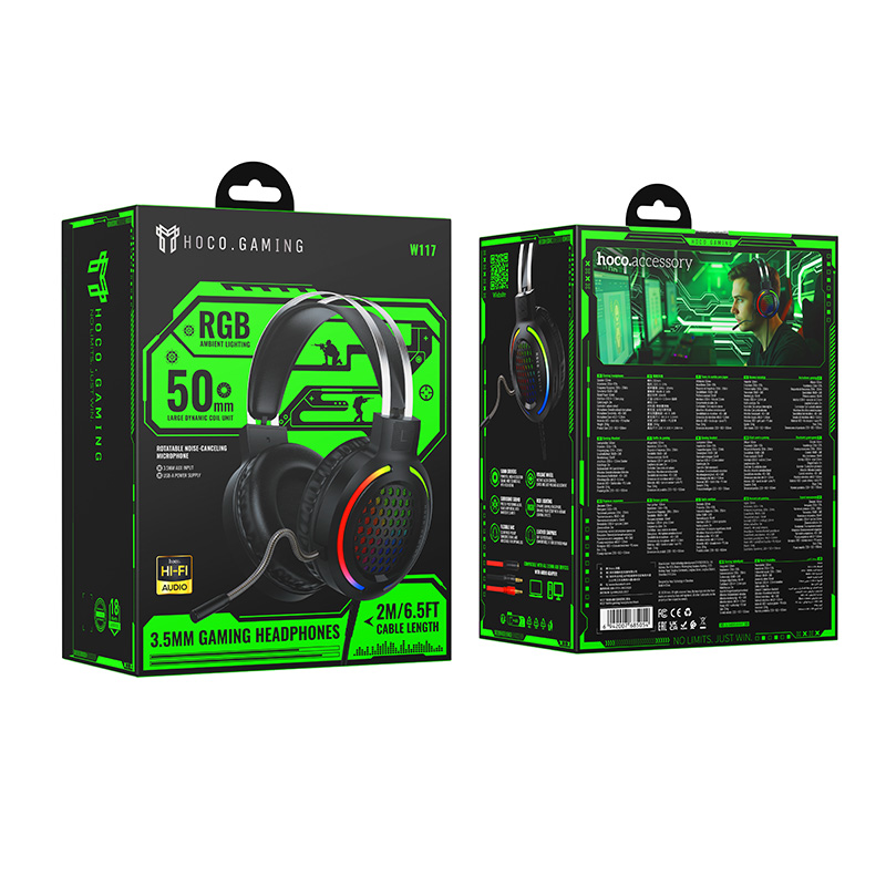 Наушники накладные с микрофоном Hoco W117 (USB+3,5мм), игровые, цвет черный