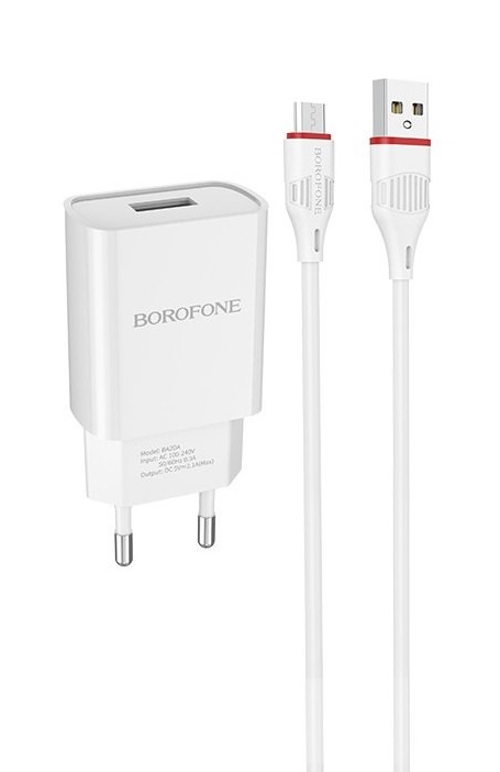 Сетевое зарядное устройство BOROFONE BA20A, 1USB+кабель Micro, 2,1А, цвет белый 
