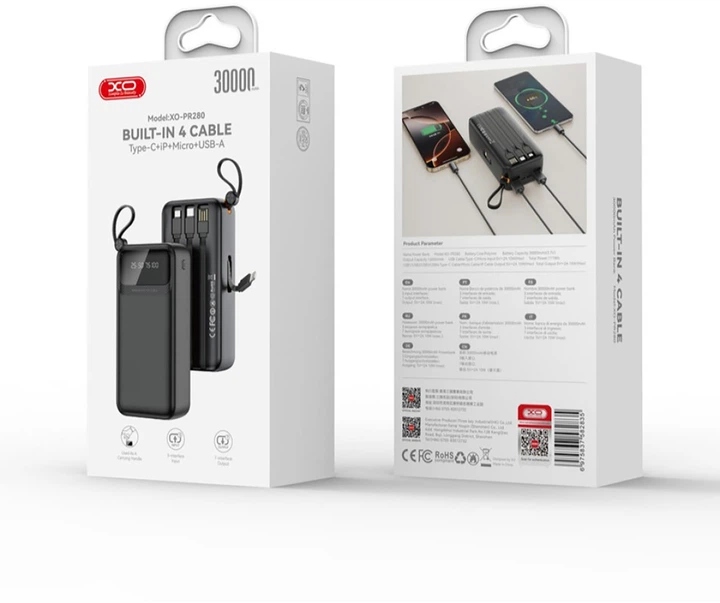 Внешний аккумулятор XO PR280, 30000mAh (PD20W) встроенный кабель Apple/Type-c