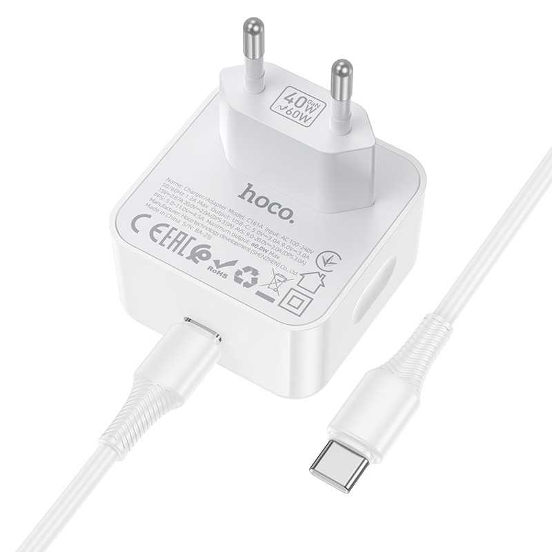 Сетевое зарядное устройство Hoco C161A, 40W + кабель Type-C/Type-C, цвет белый