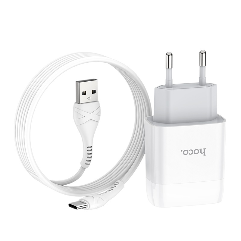Сетевое зарядное устройство Hoco C73A, 2USB, 2.4A+кабель Type-C 1м, цвет белый 