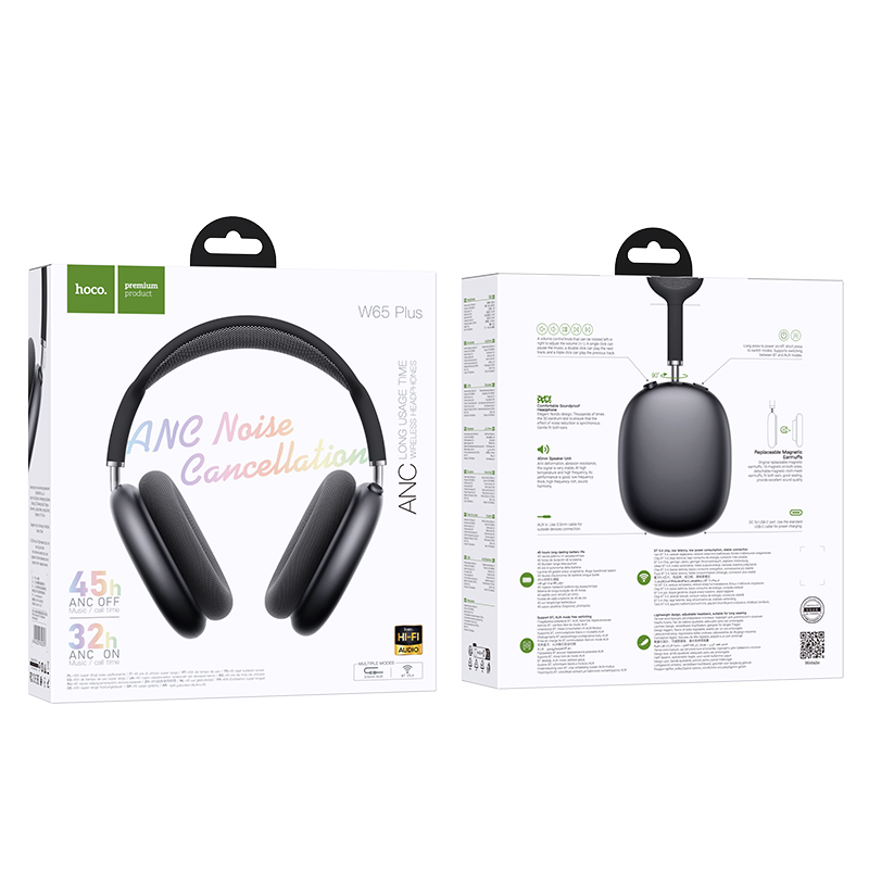 Наушники Bluetooth накладные с микрофоном Hoco W65 Plus ANC, серый космос