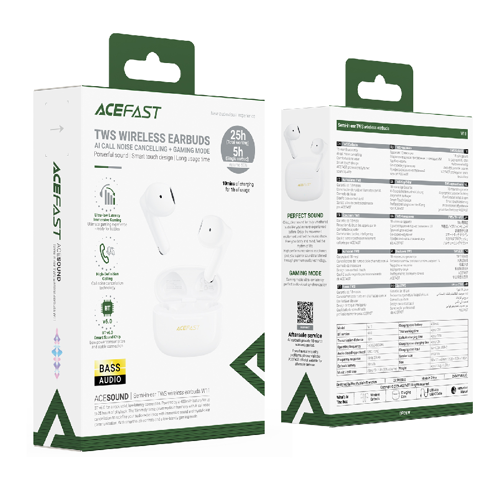 Наушники Bluetooth ACEFAST W11, в кейсе, сенсорные, цвет белый