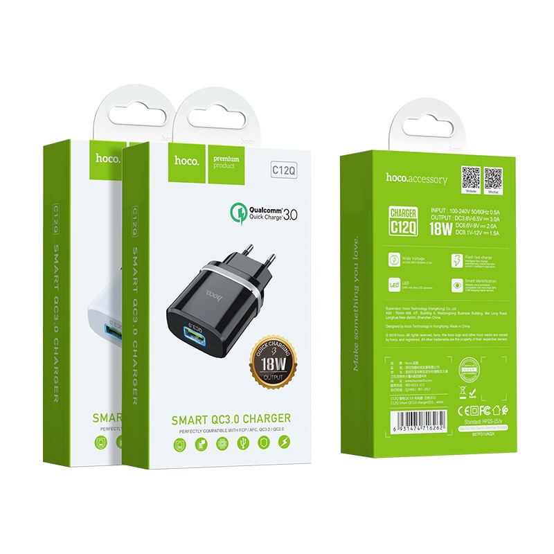Сетевое зарядное устройство Hoco C12Q, быстрая зарядка (QC 3.0), 1USB, цвет черный 