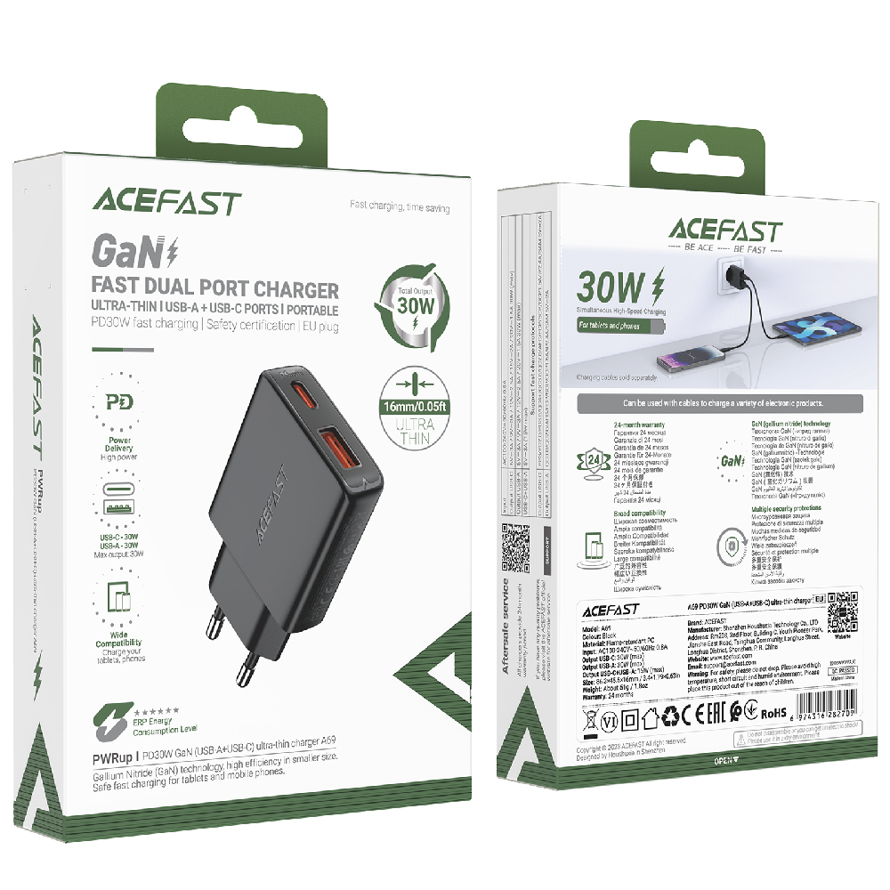 Сетевое зарядное устройство Acefast A69 PD30W GaN USB-A+Type-C, цвет черный