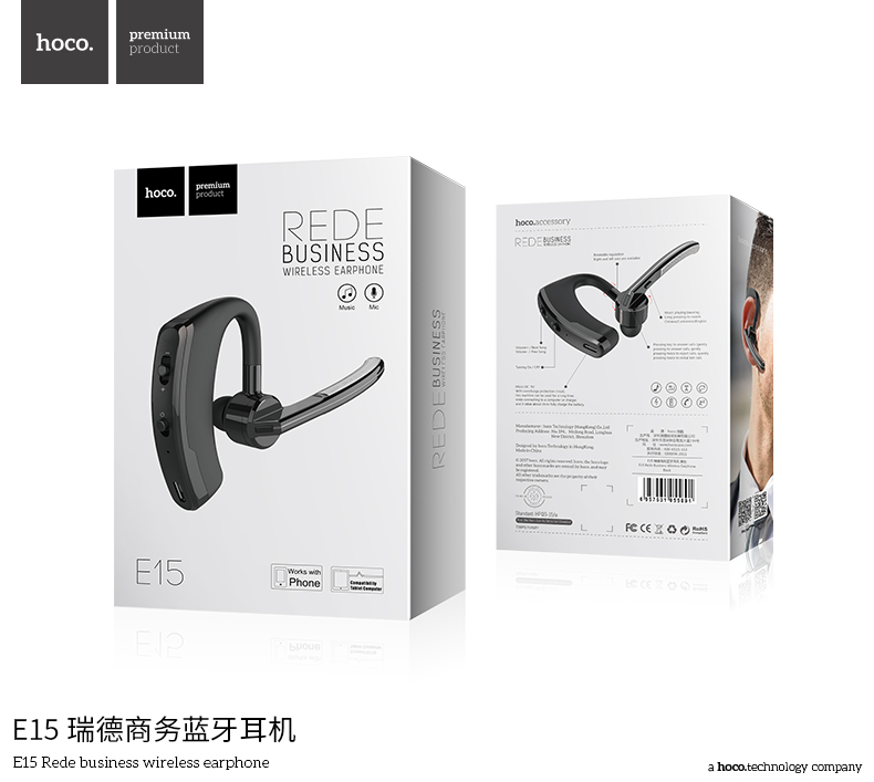 Гарнитура Bluetooth Hoco E15, цвет черный