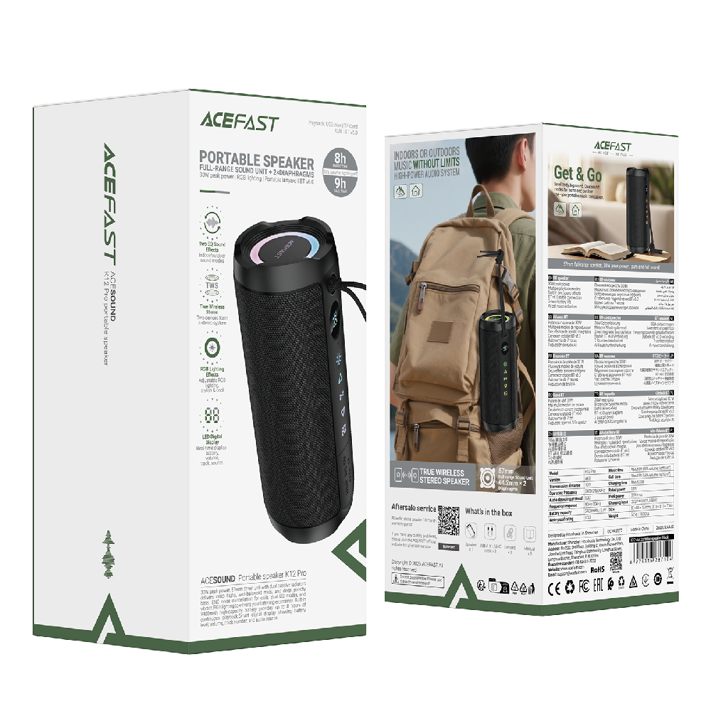 Колонка беспроводная Acefast K12 Pro, (USB,FM,TF card,AUX)  цвет черный