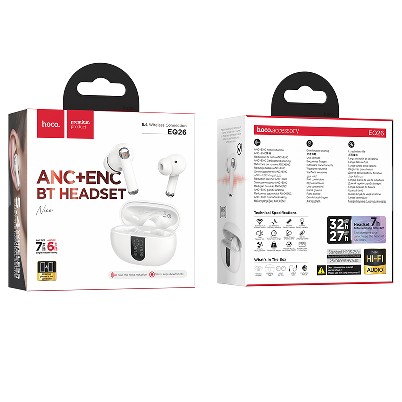 Наушники Bluetooth Hoco EQ26 (ANC+ENC), в кейсе, сенсорные, цвет белый