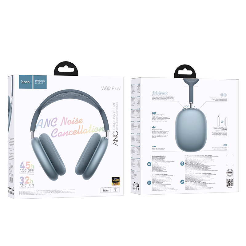 Наушники Bluetooth накладные с микрофоном Hoco W65 Plus ANC, синий 