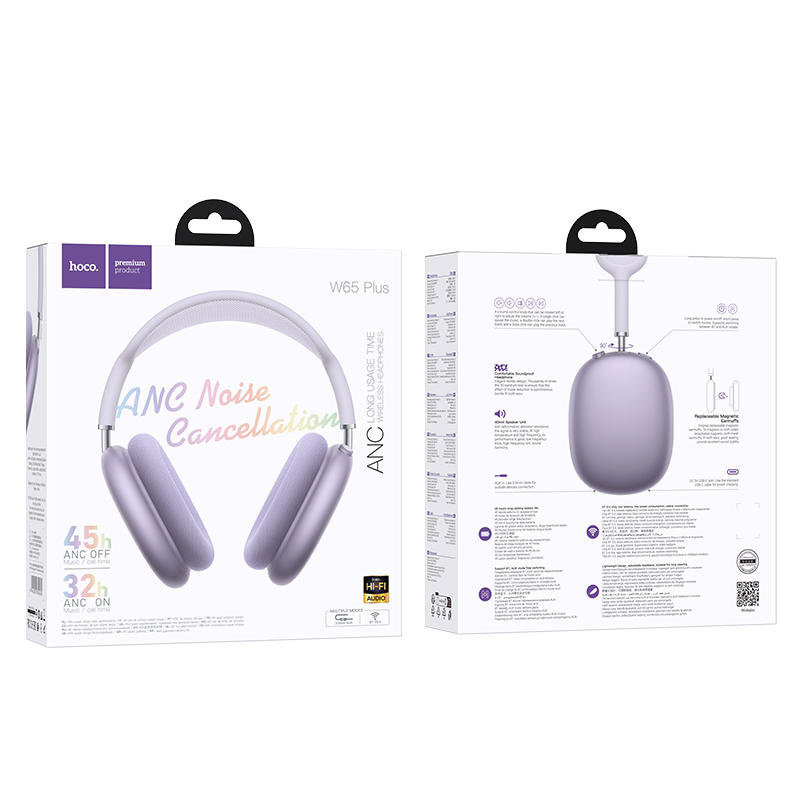 Наушники Bluetooth накладные с микрофоном Hoco W65 Plus ANC, фиолетовый 