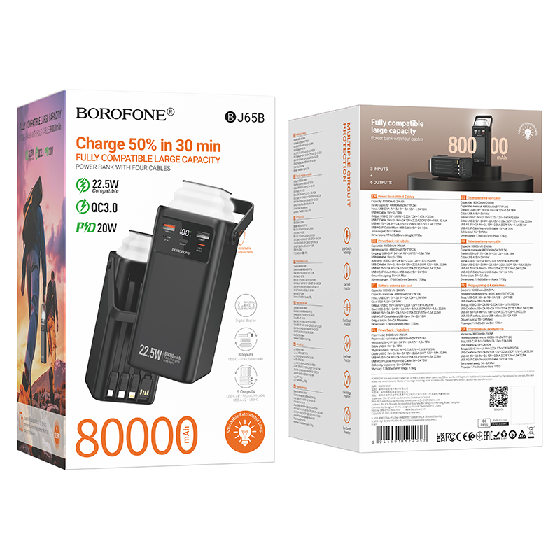 Внешний аккумулятор BOROFONE BJ65B, 80000mAh (PD20W,QC22.5W) встроен. кабель Micro/Apple/Type-c/USB