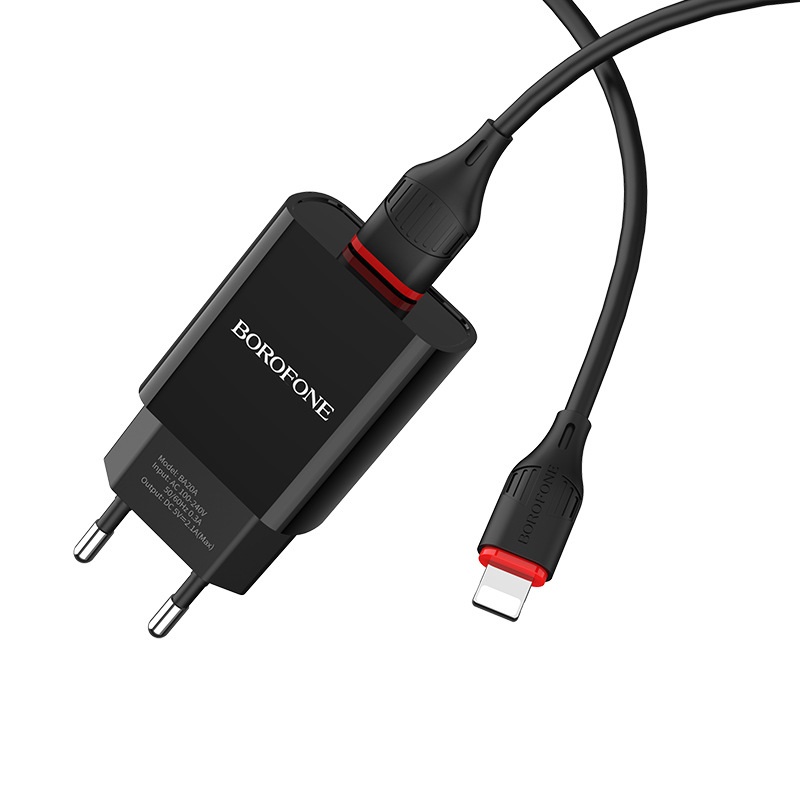 Сетевое зарядное устройство BOROFONE BA20A, 1USB+кабель Apple, 2,1А, цвет черный 