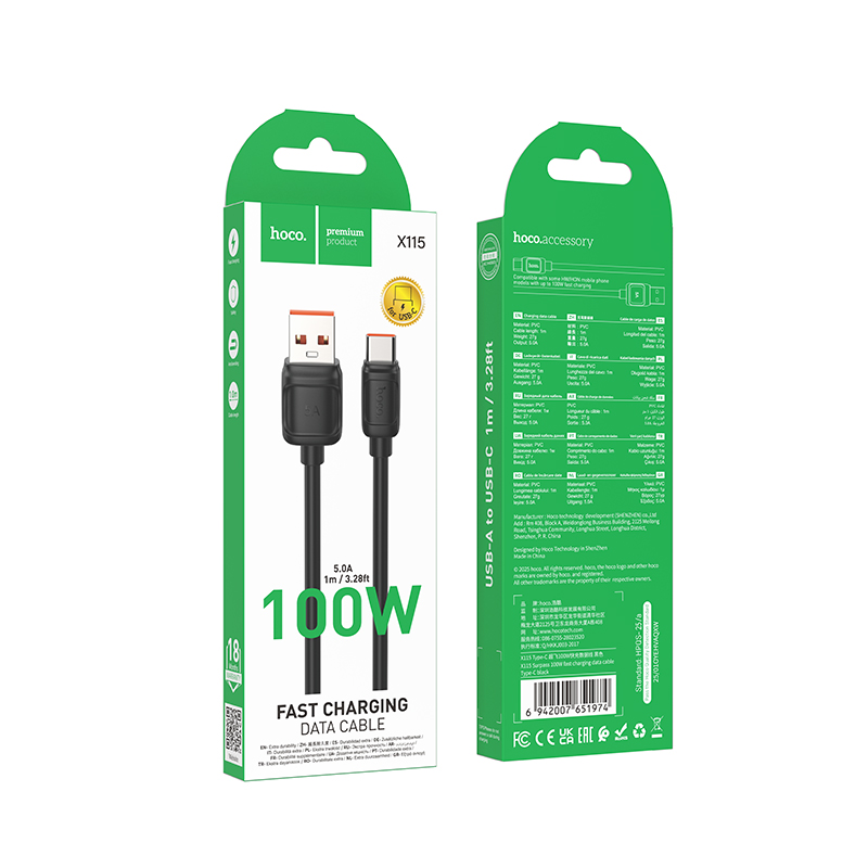 Кабель USB Hoco X115 100W 5A Type-c черный 1м