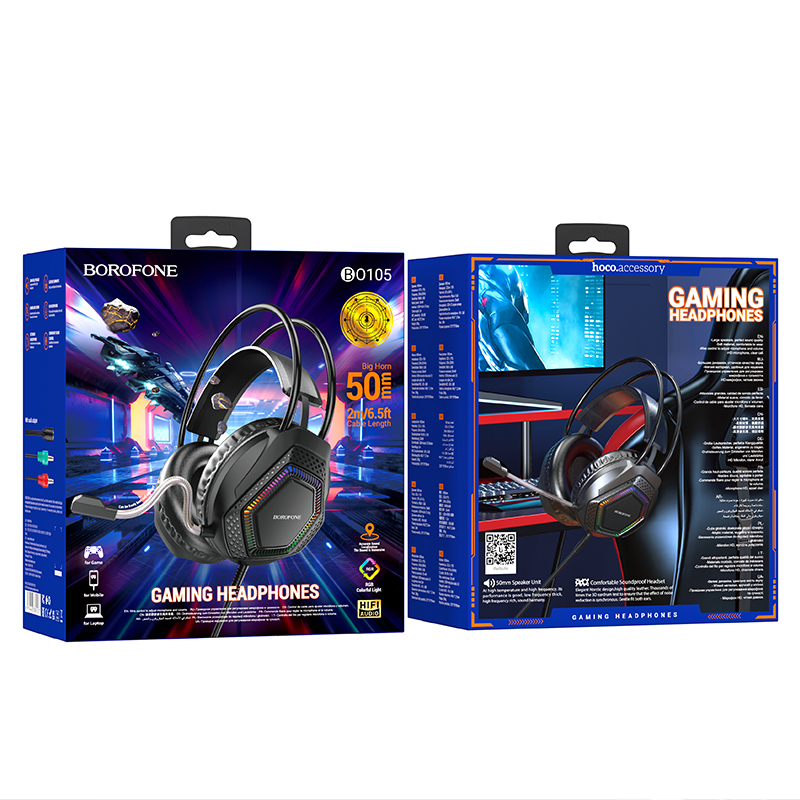 Наушники накладные с микрофоном BOROFONE BO105, игровые, цвет черный