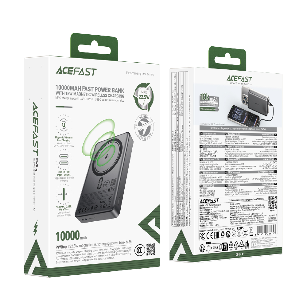 Внешний аккумулятор ACEFAST M36 беспроводная зарядка, 10000mAh (PD20W, magsafe) черный