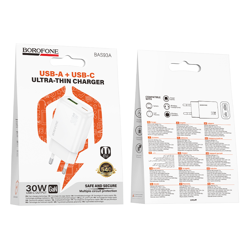 Сетевое зарядное устройство BOROFONE BAS93A, (QC3.0+PD30W) цвет белый