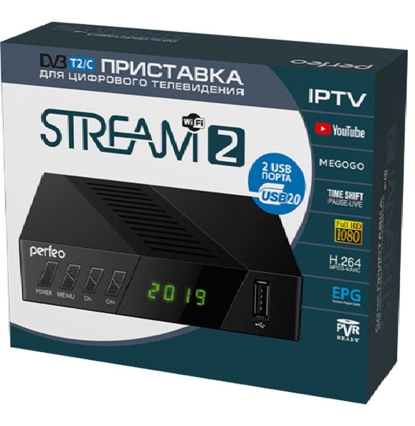Ресивер Perfeo DVB-T2/C "STREAM-2" для цифр.TV, Wi-Fi, IPTV, HDMI, 2 USB, DolbyDigital, пульт ДУ
