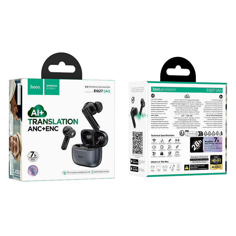 Наушники Bluetooth Hoco EQ27 (ANC+ENC), в кейсе, цвет черный