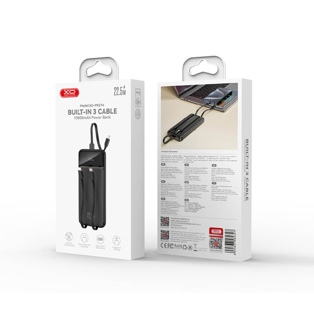 Внешний аккумулятор XO PR274, 10000mAh (PD20W) встроенный кабель Apple/Type-c