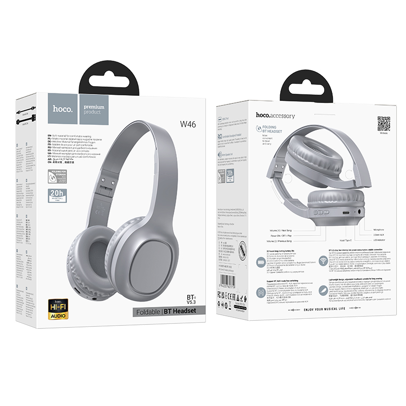 Наушники Bluetooth накладные с микрофоном Hoco W46, цвет светло-синий серый