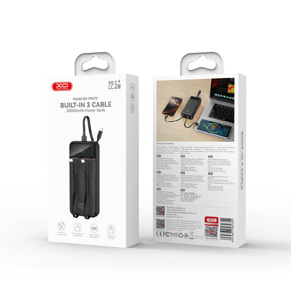 Внешний аккумулятор XO PR275, 20000mAh (PD20W) встроенный кабель Apple/Type-c