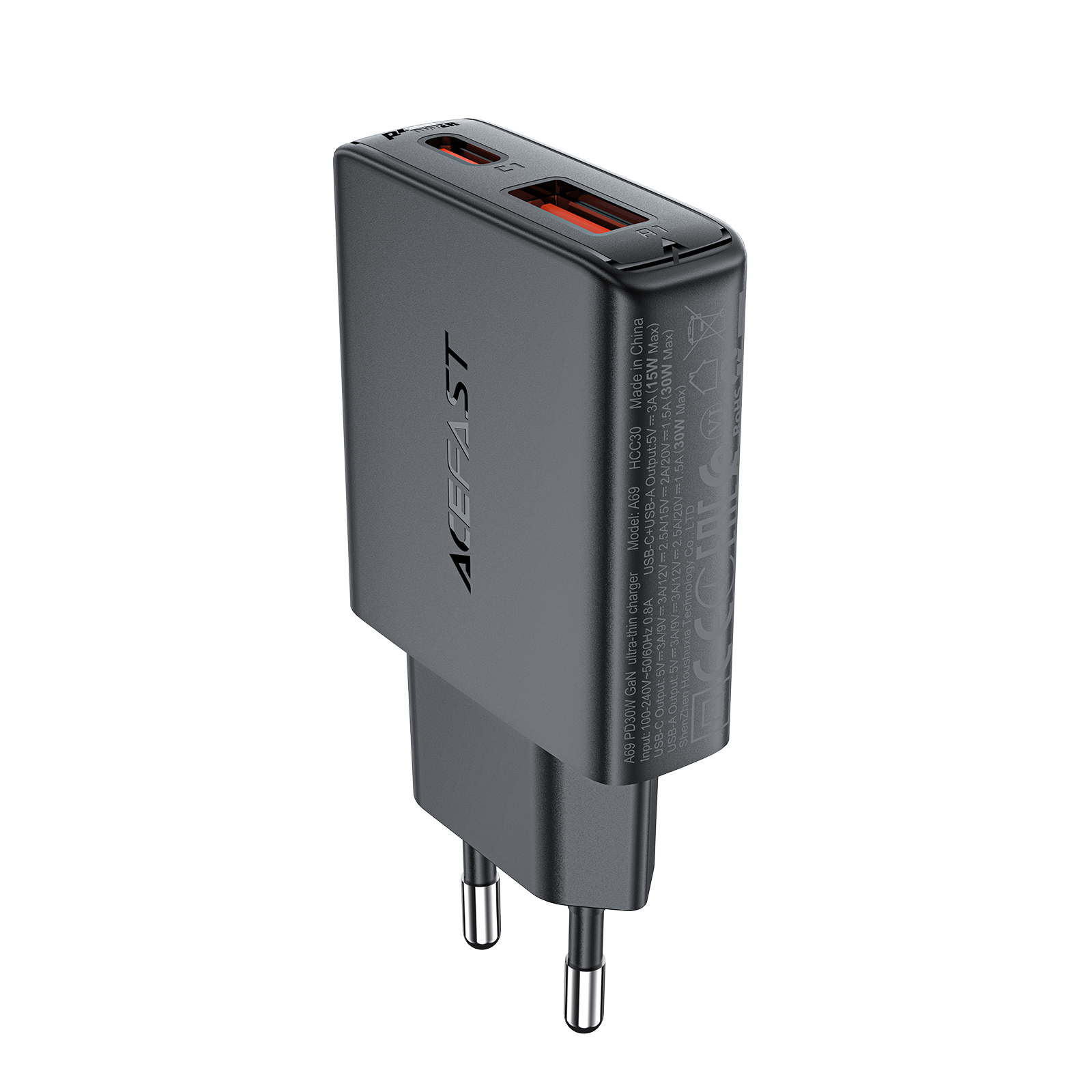 Сетевое зарядное устройство Acefast A69 PD30W GaN USB-A+Type-C, цвет черный