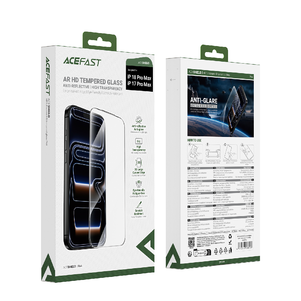 Защитное стекло Acefast PA4 iPhone 17 Pro/18 Pro, полноэкранное HD AR, цвет черный