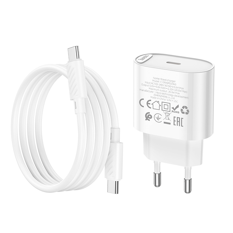 Сетевое зарядное устройство Hoco C109A PD20W +кабель Type-C/Type-C, цвет белый